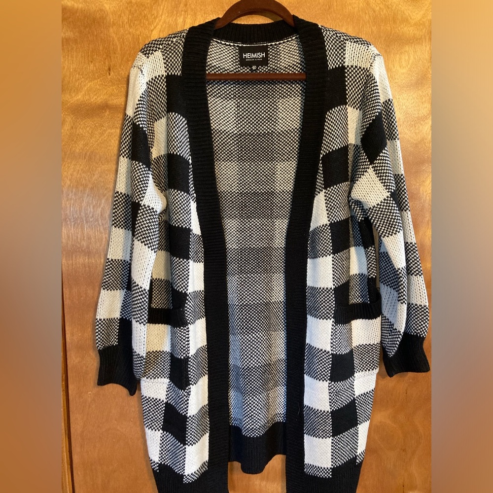 Heimish black and white checkered cardigan, sized S/M
